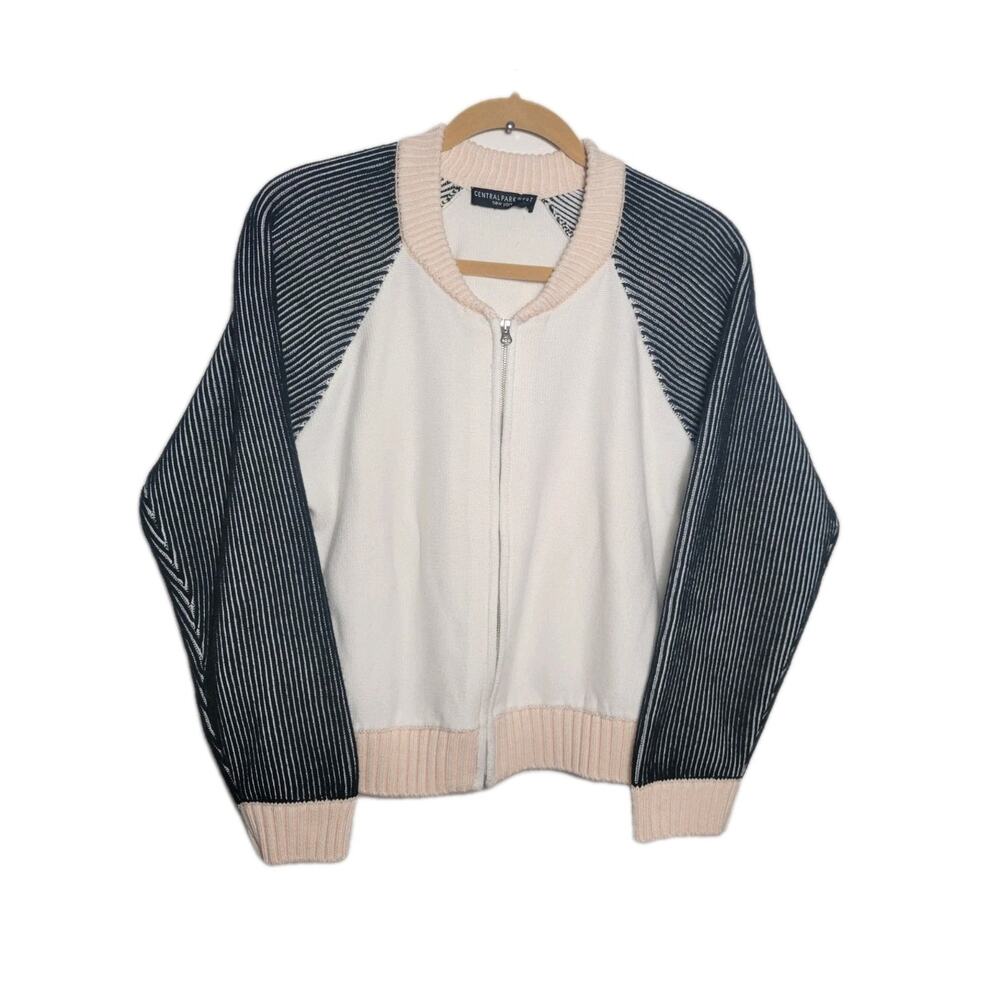 Central Park West Cardigan Sweater Striped Sleeves White Bomber Style Zip Up M?